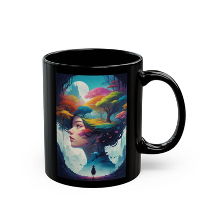 Dreamscape Art Mug — Surreal Woman & Colorful Forest Illustration (11oz/15oz)