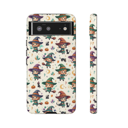 Google Phone - Cute Halloween Witch Phone Case – Cartoon Witches, Black Cats & Pumpkins