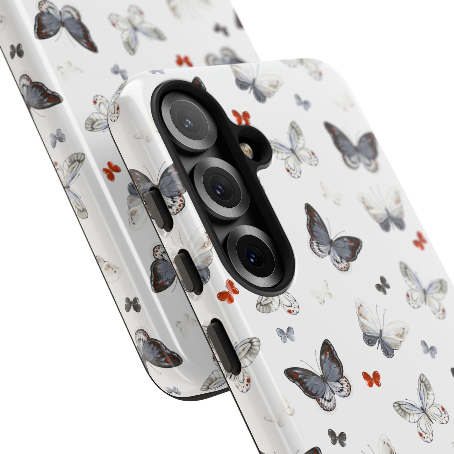 Funda para Samsung con diseño de mariposas: elegante funda protectora monocromática con detalles en rojo