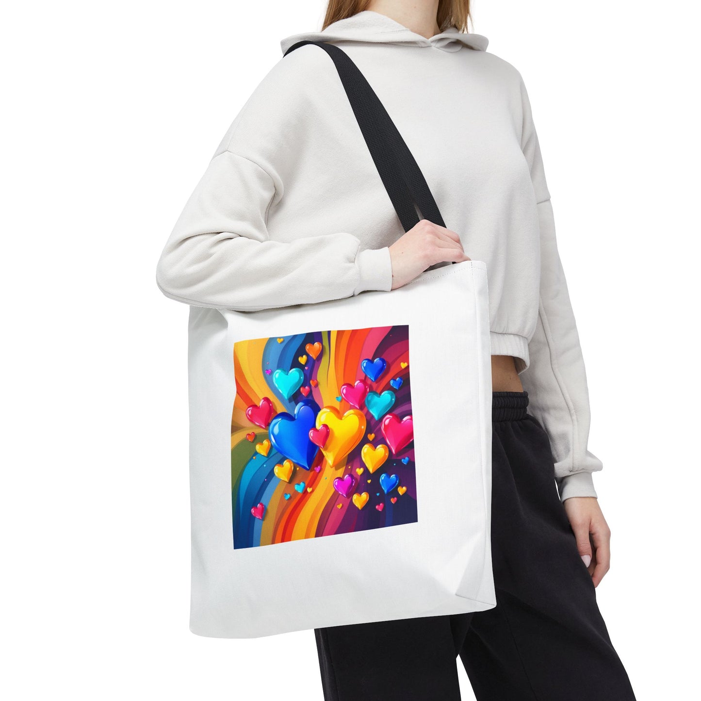 Colorful Heart Burst Tote Bag — Rainbow Love All-Over Print