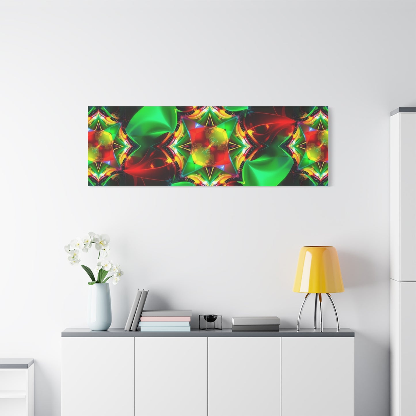 Kaleidoscope Abstract Matte Canvas Wall Art — Vibrant Green & Red Stretched Print