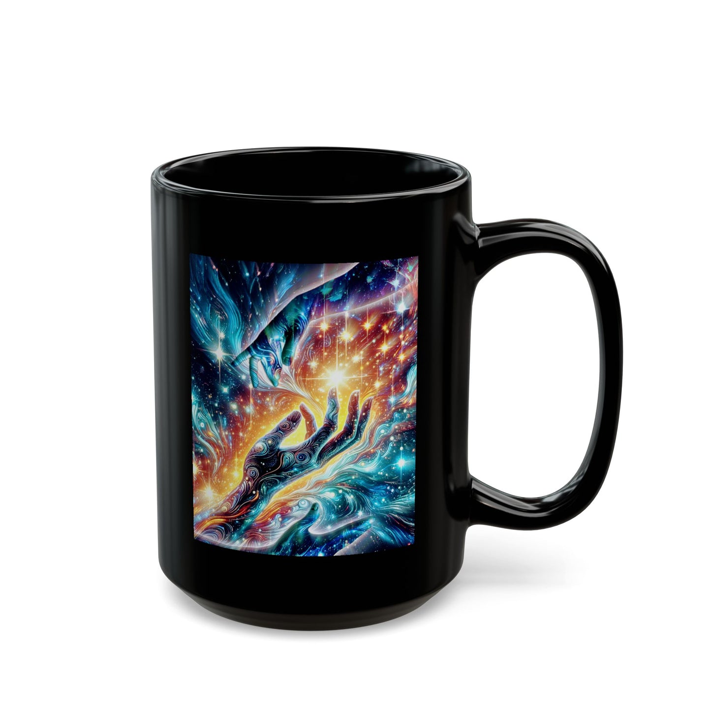 Cosmic Hands Black Mug — Galaxy Art Coffee Cup (11oz or 15oz)