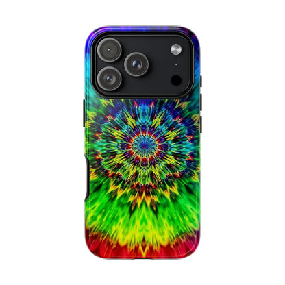 Funda resistente para teléfono con diseño de mandala psicodélico: protección vibrante con efecto tie-dye