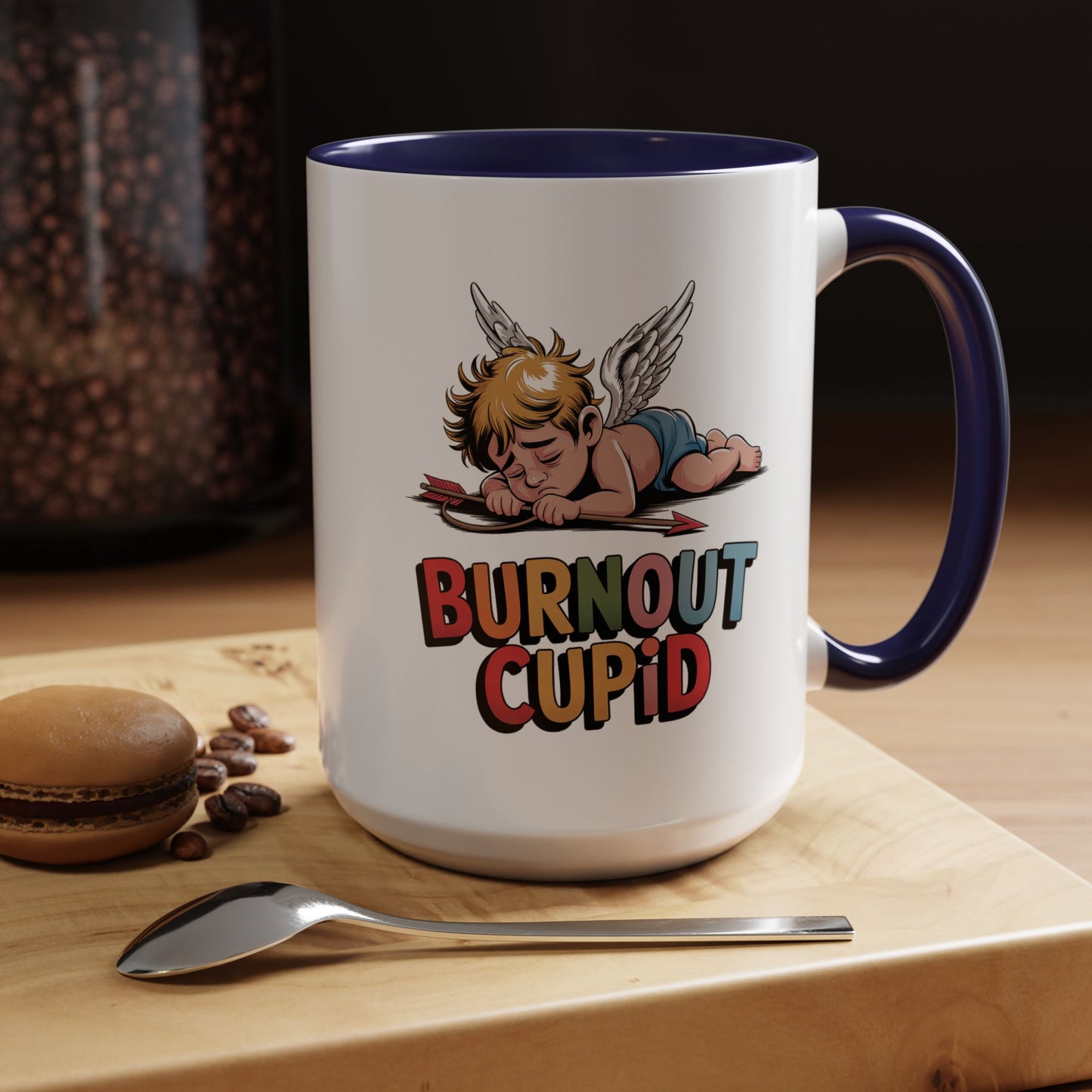 Burnout Cupid Coffee Mug — Cute Tired Cupid Accent Mug (11/15 oz)