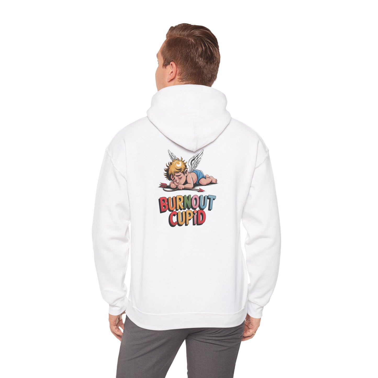Burnout Cupid Hoodie — Cute Tired Cupid Graphic Pullover