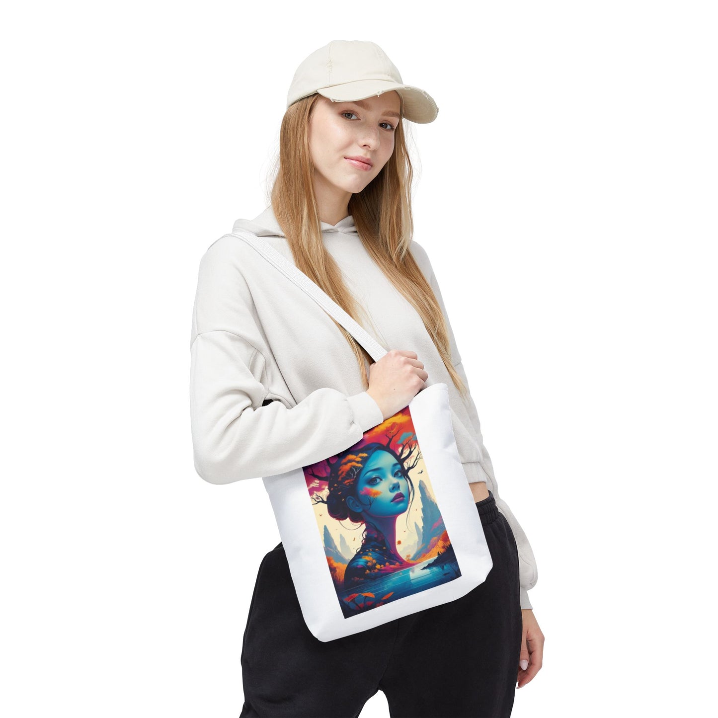 Artistic Blue Forest Maiden Tote Bag - Surreal Portrait All-Over Print