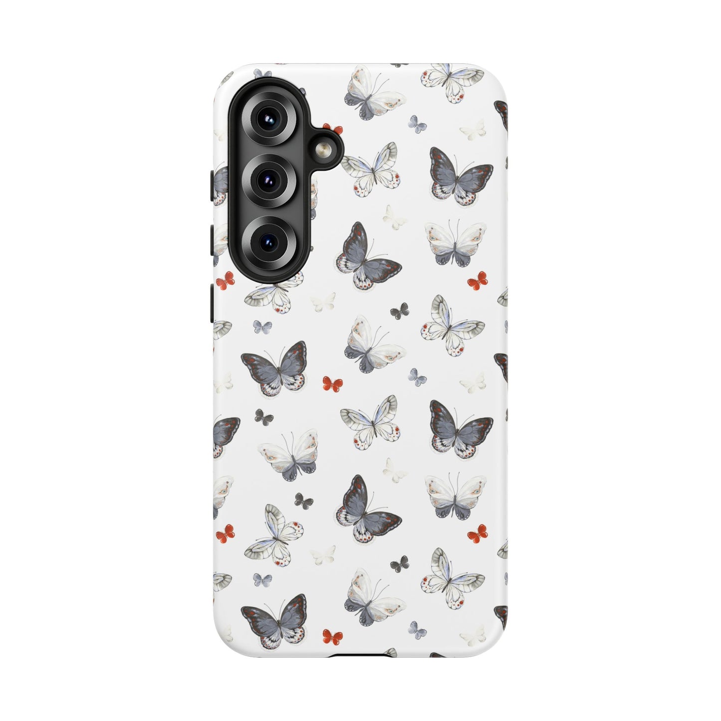 Funda para Samsung con diseño de mariposas: elegante funda protectora monocromática con detalles en rojo