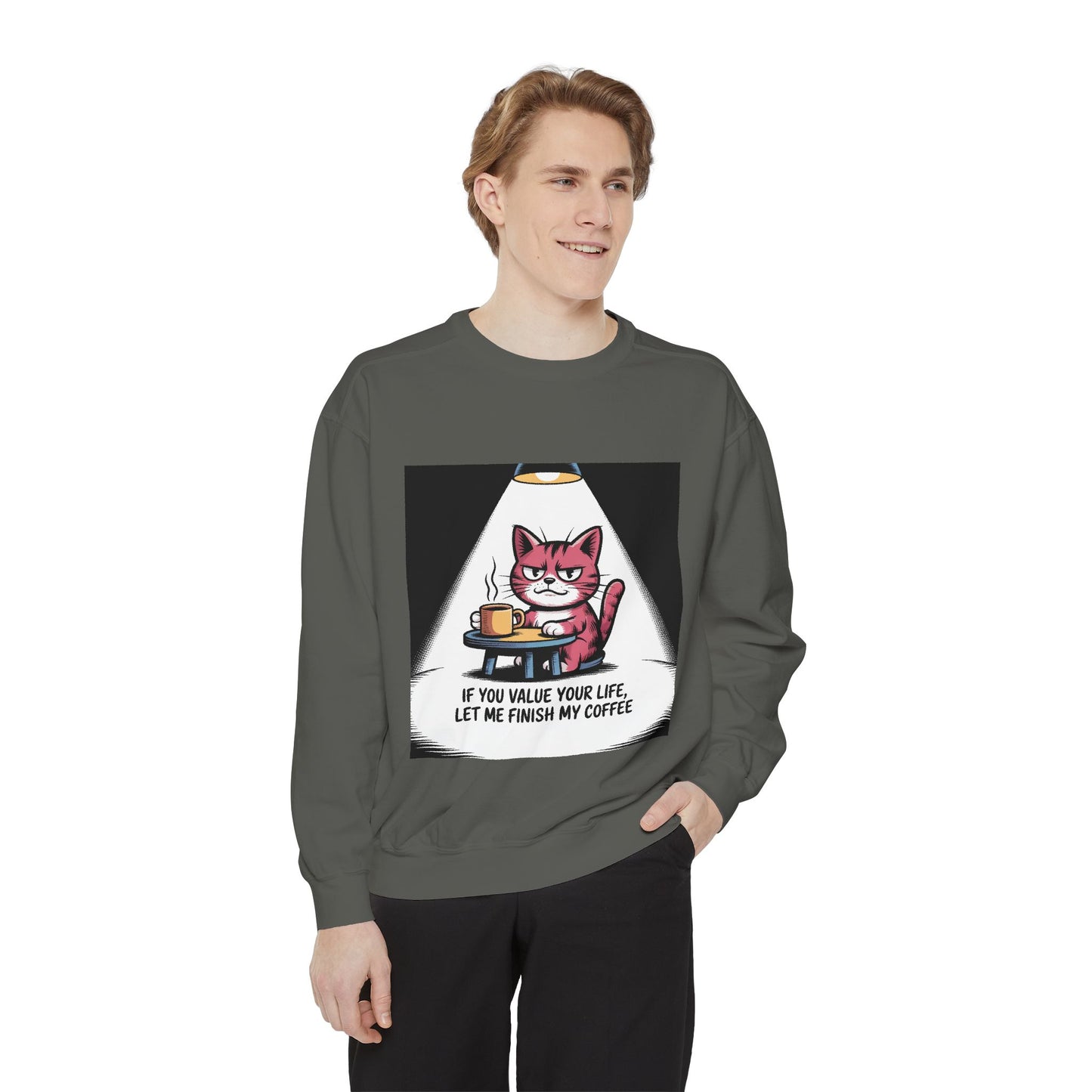 Lustiges Katzen-Sweatshirt – „Wenn dir dein Leben lieb ist, lass mich meinen Kaffee austrinken“ – Kuscheliger Pullover mit Grafikprint