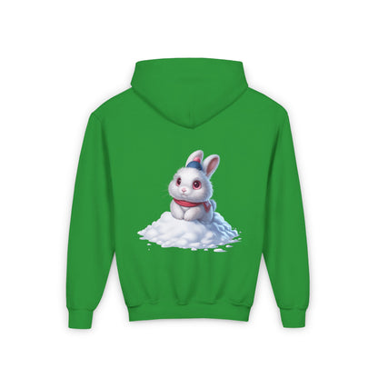 Youth Hoodie — Cute White Bunny in Snowback Graphic