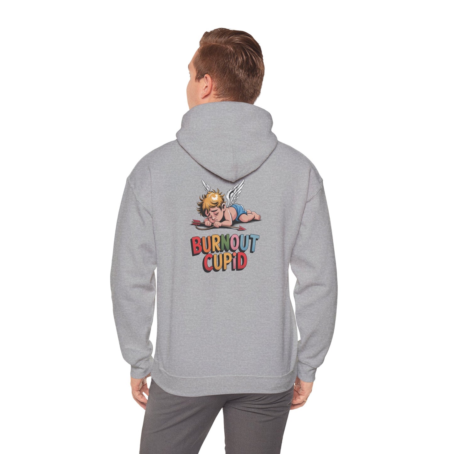 Burnout Cupid Hoodie — Cute Tired Cupid Graphic Pullover