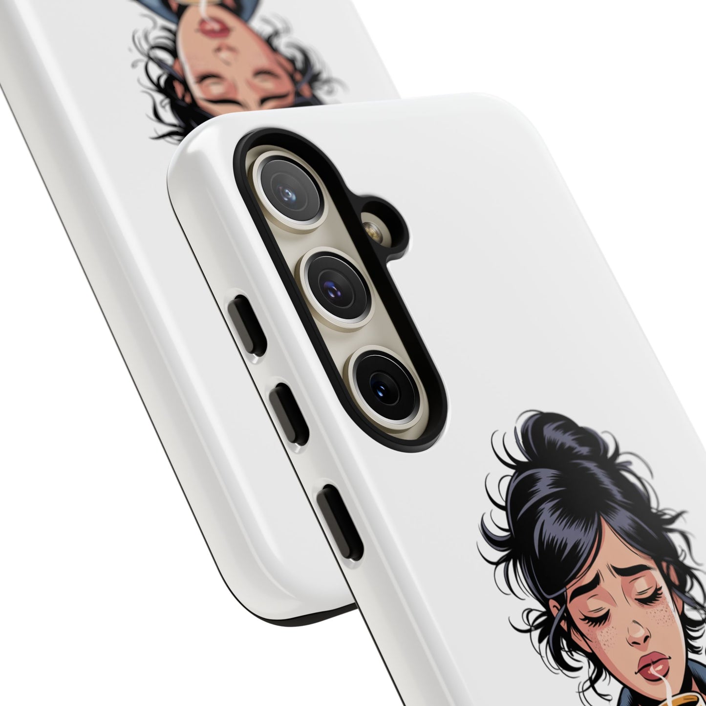 Samsung Phone Case — “First Coffee, Please” Cute Tired Girl Coffee Lover Phone Cover