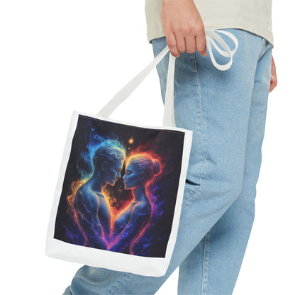 Cosmic Lovers Tote Bag — Neon Fire & Ice Couple Art AOP Tote
