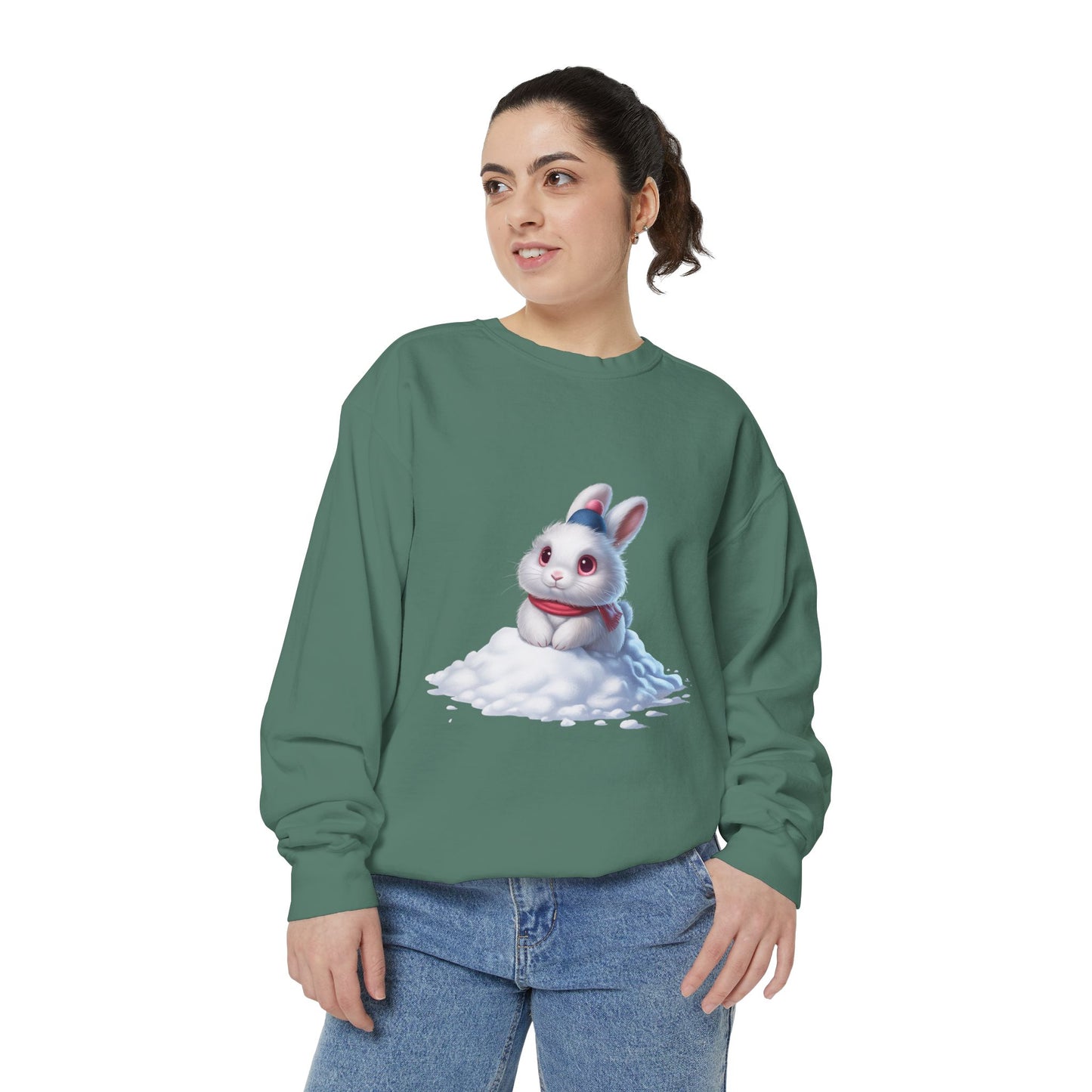 Cute Bunny Sweatshirt — White Bunny on Snow Graphic Crewneck