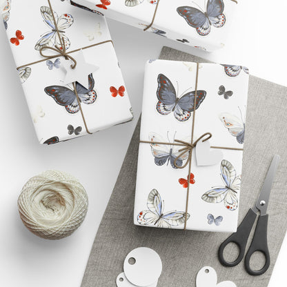 Butterfly Pattern Wrapping Paper — Watercolor Moths & Red Accent Gift Wrap