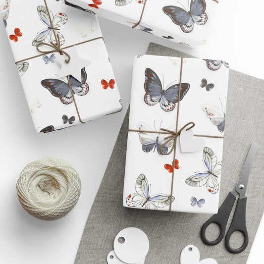Butterfly Pattern Wrapping Paper — Watercolor Moths & Red Accent Gift Wrap
