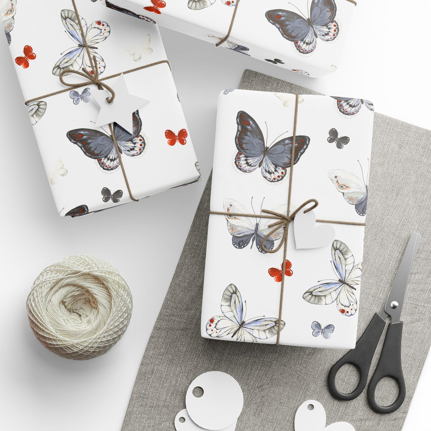Butterfly Pattern Wrapping Paper — Watercolor Moths & Red Accent Gift Wrap