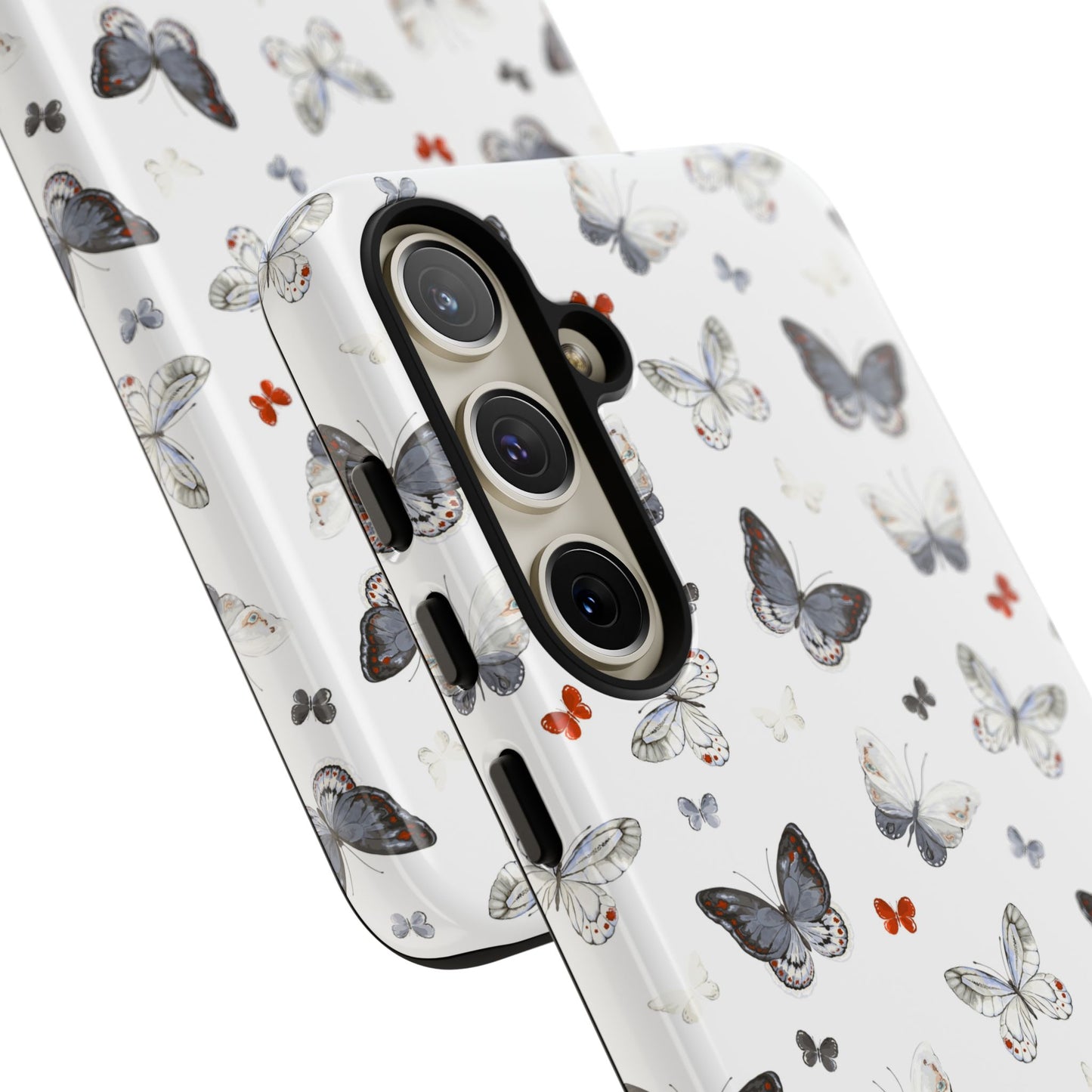 Funda para Samsung con diseño de mariposas: elegante funda protectora monocromática con detalles en rojo