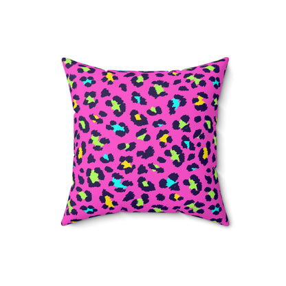 Pink Neon Leopard Print Square Pillow – Bright Animal Print Decorative Cushion