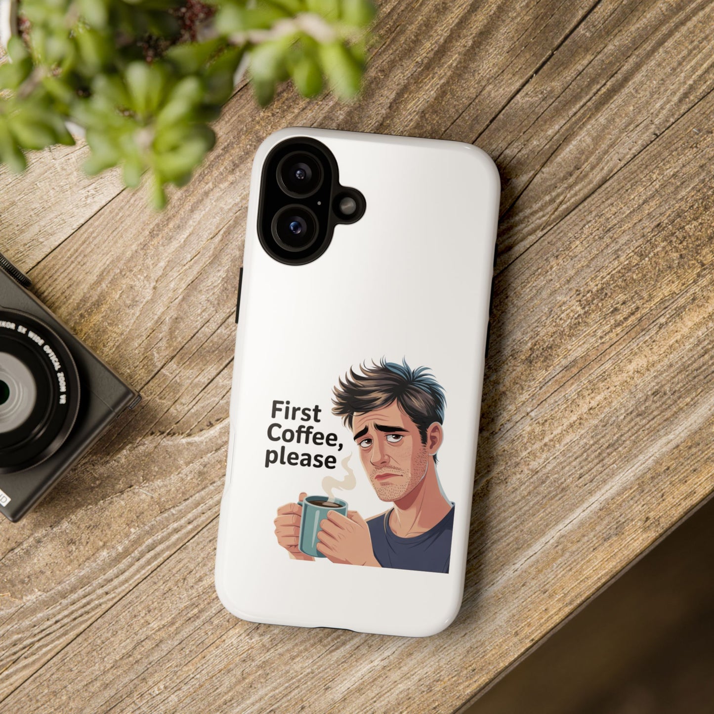 Funda para iPhone: "Primer café, por favor". Ilustración divertida del café de la mañana.