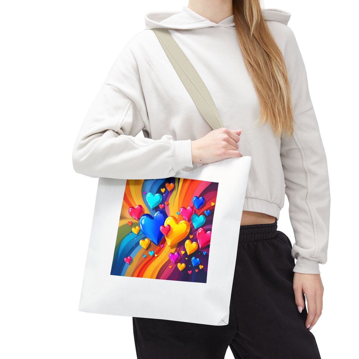 Colorful Heart Burst Tote Bag — Rainbow Love All-Over Print