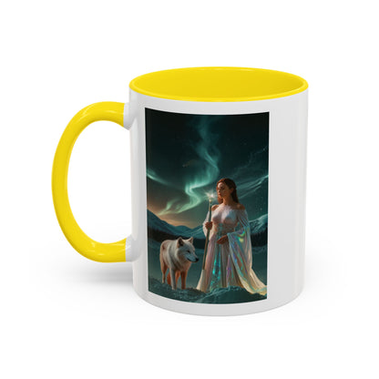 Taza de café Aurora Guardiana — Arte fantástico de mujer con lobo