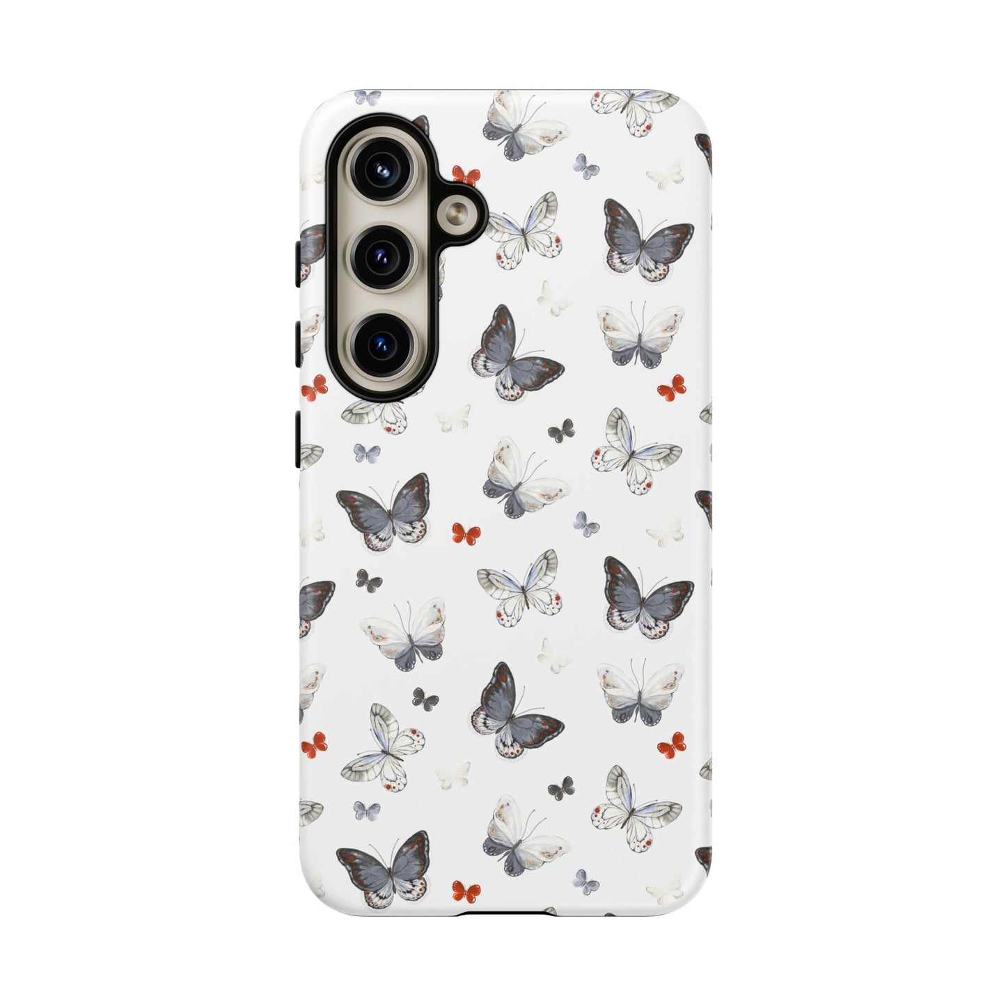 Funda para Samsung con diseño de mariposas: elegante funda protectora monocromática con detalles en rojo