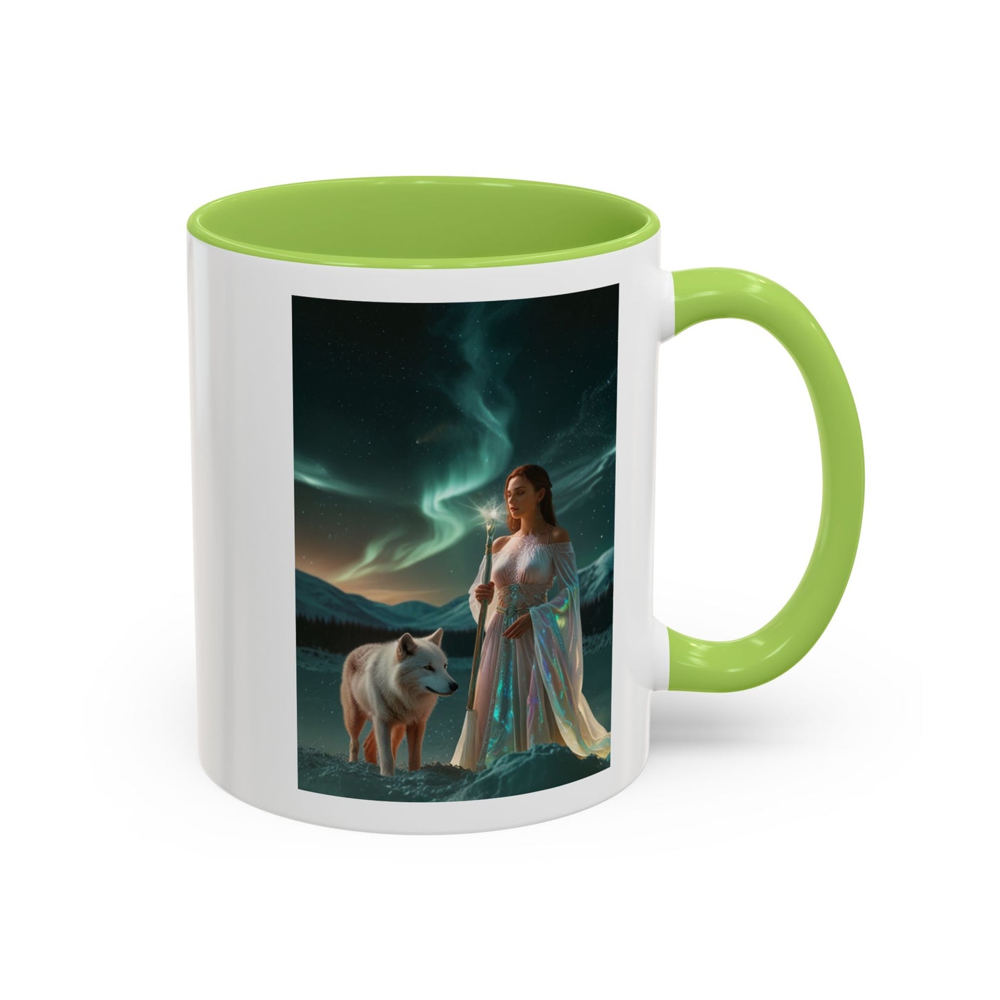Taza de café Aurora Guardiana — Arte fantástico de mujer con lobo
