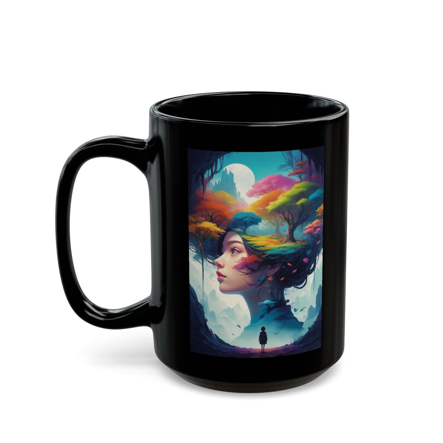 Dreamscape Art Mug — Surreal Woman & Colorful Forest Illustration (11oz/15oz)