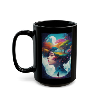 Dreamscape Art Mug — Surreal Woman & Colorful Forest Illustration (11oz/15oz)