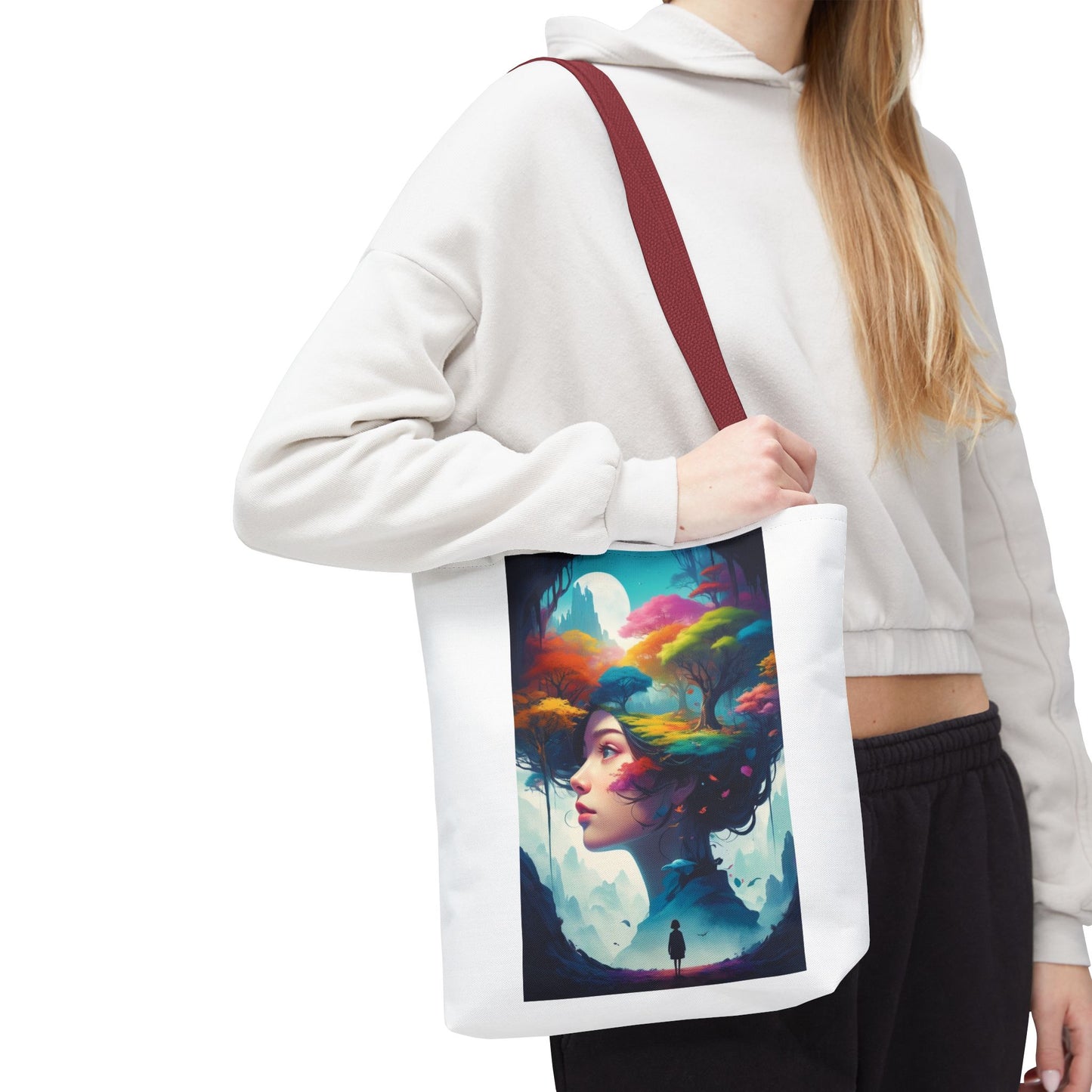 Surreale Traumlandschaft-Tragetasche – Bunte Frau &amp; Waldmotiv