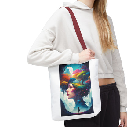 Surreale Traumlandschaft-Tragetasche – Bunte Frau &amp; Waldmotiv