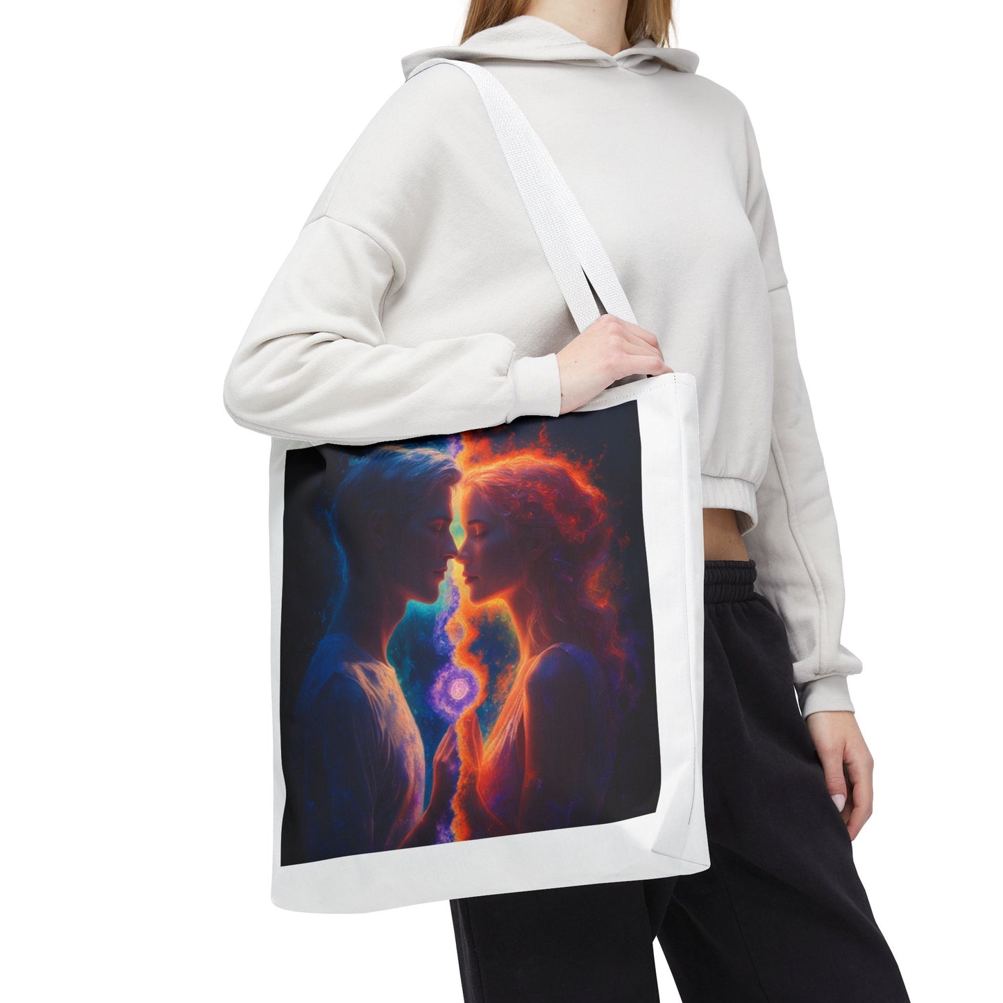 Cosmic Lovers Tote Bag — Flame & Ice Couple Art AOP