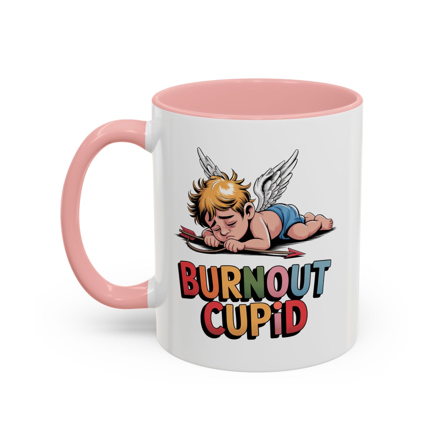 Burnout Cupid Coffee Mug — Cute Tired Cupid Accent Mug (11/15 oz)