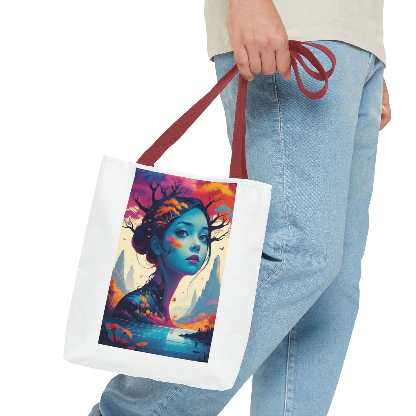 Artistic Blue Forest Maiden Tote Bag - Surreal Portrait All-Over Print
