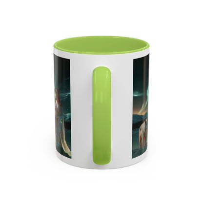 Taza de café Aurora Guardiana — Arte fantástico de mujer con lobo