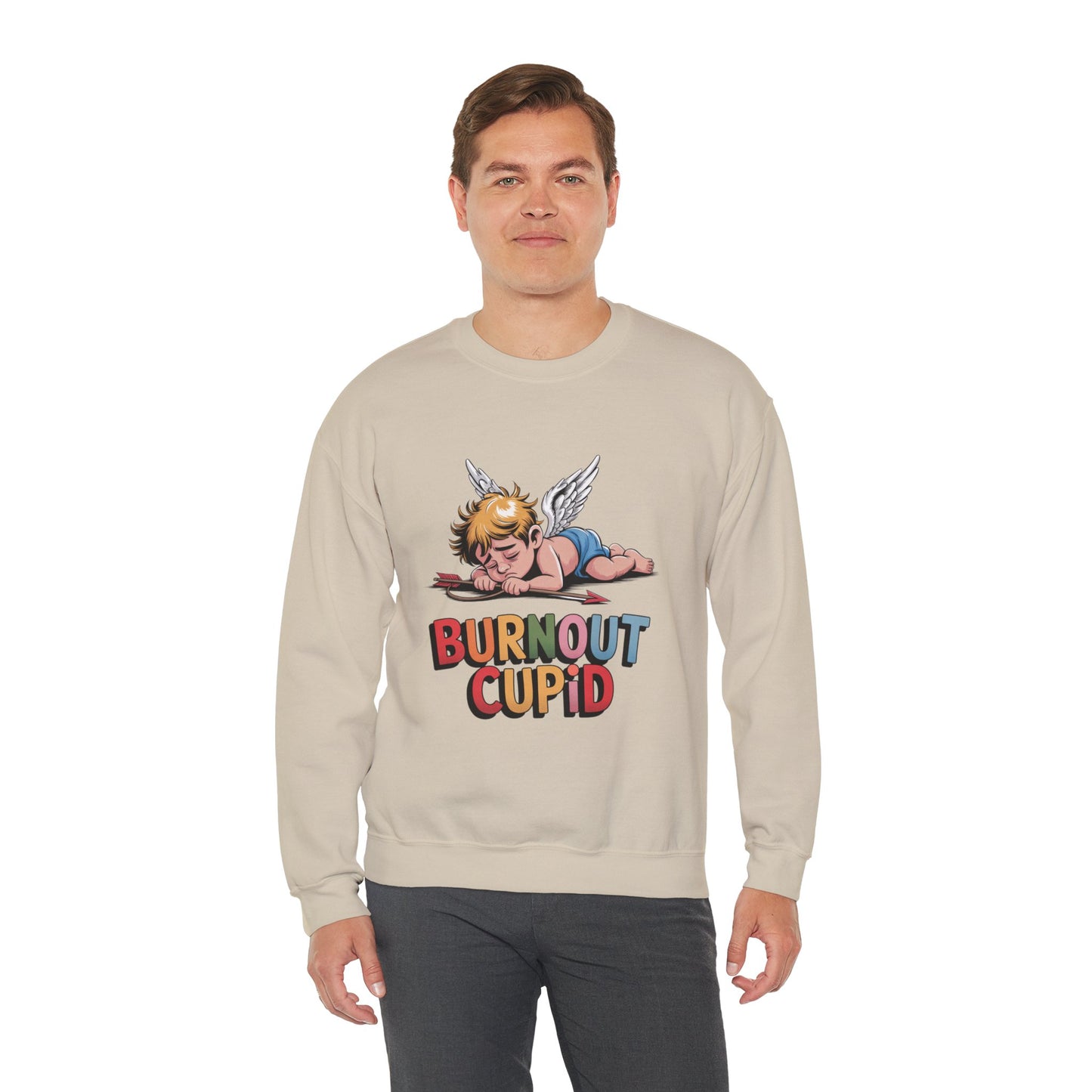 Burnout Cupid Sweatshirt — Tired Cupid Graphic Crewneck for Valentine’s Day