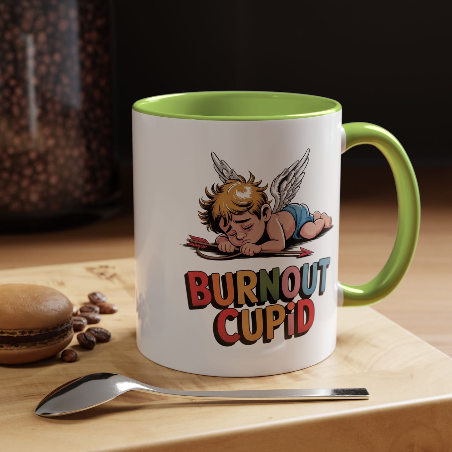 Burnout Cupid Coffee Mug — Cute Tired Cupid Accent Mug (11/15 oz)