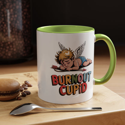 Burnout Cupid Coffee Mug — Cute Tired Cupid Accent Mug (11/15 oz)