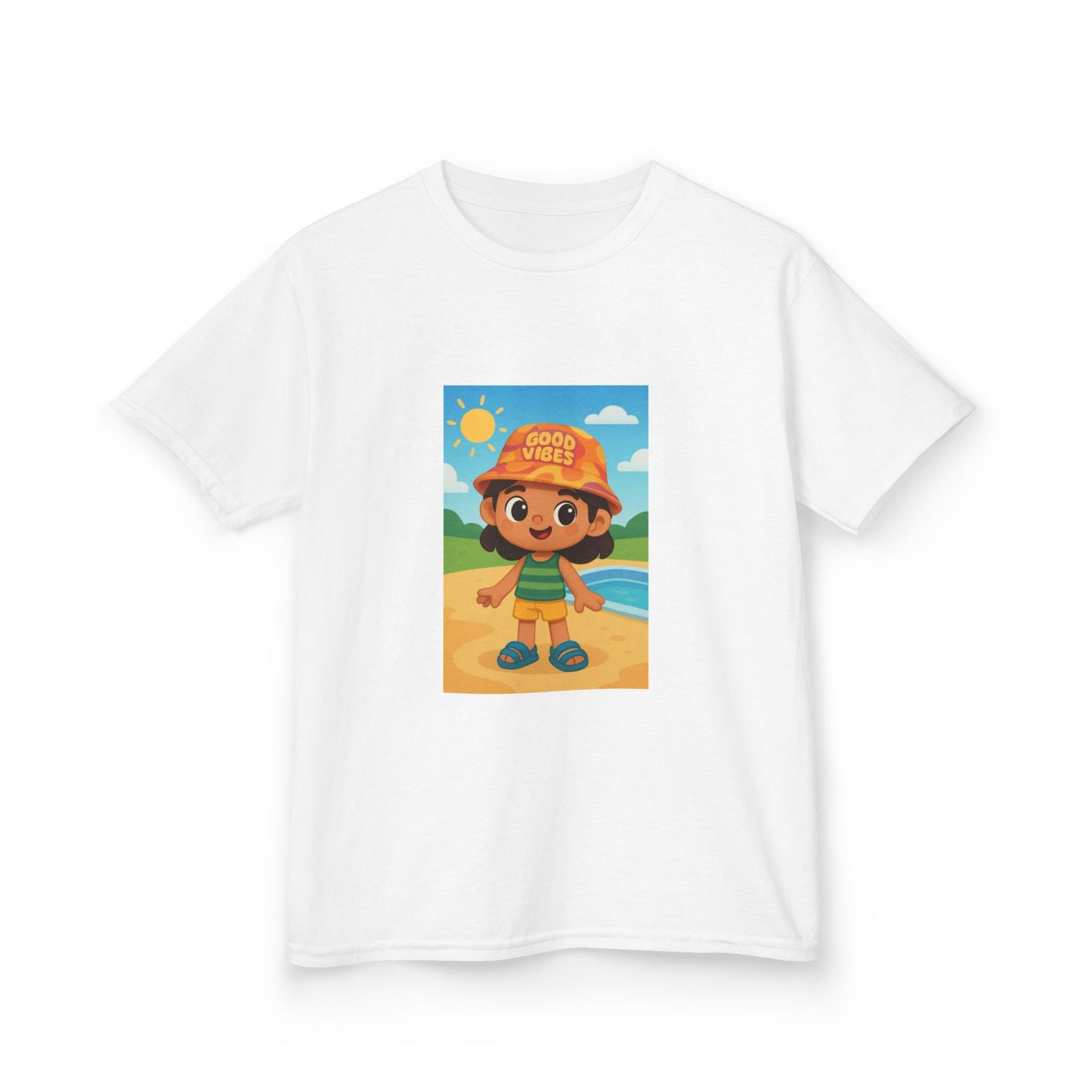 Kids Tee — Cute Beach Kid Graphic "Good Vibes" Summer T‑Shirt