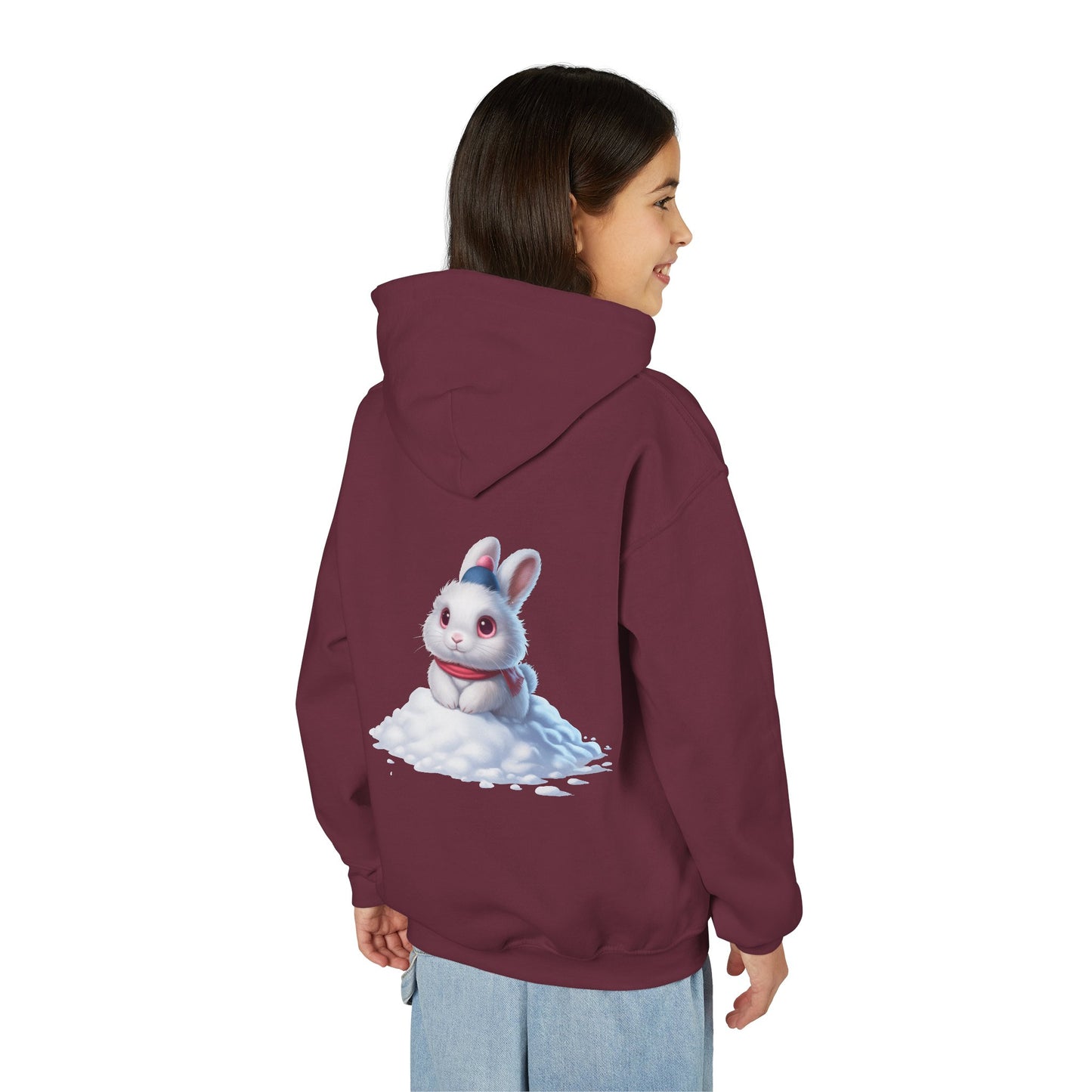 Youth Hoodie — Cute White Bunny in Snowback Graphic