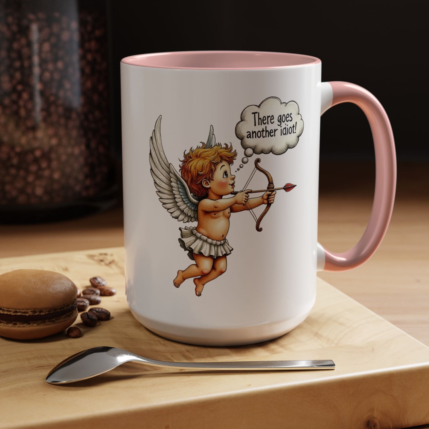Cupid Coffee Mug — Vintage Cherub Saying "There goes another idiot!" Accent Mug
