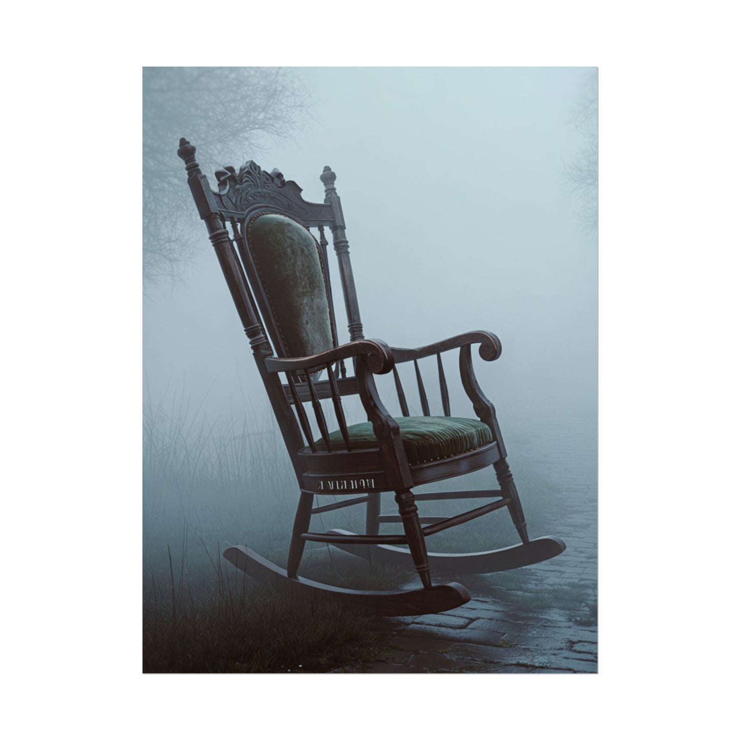 Vintage-Schaukelstuhl-Poster – Stimmungsvolles, nebliges Cottage-Wandbild (gerolltes Poster)