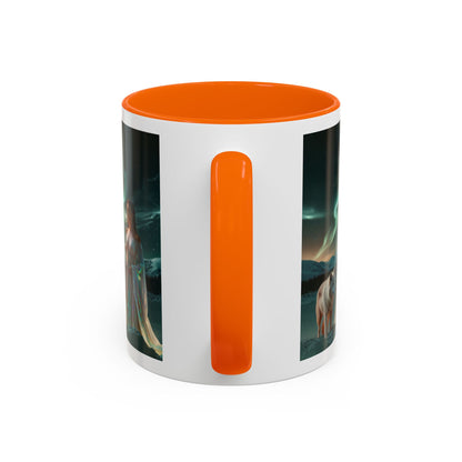 Taza de café Aurora Guardiana — Arte fantástico de mujer con lobo