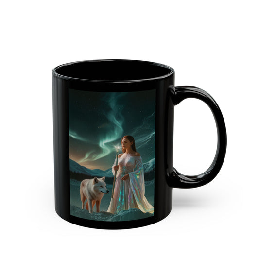 Mystic Woman and Wolf Black Mug – Fantasy Aurora Coffee Cup (11oz, 15oz)