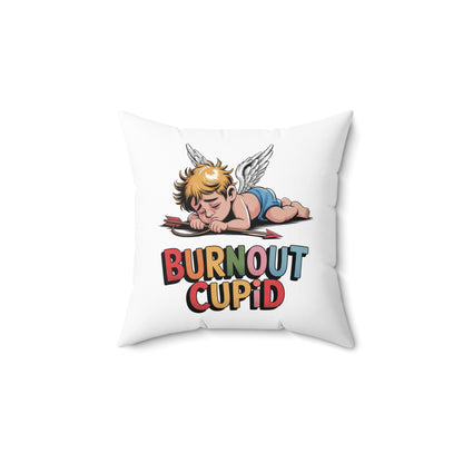 Burnout Cupid Throw Pillow — Cute Tired Cupid Decorative Pillow with 'Burnout Cupid' Text