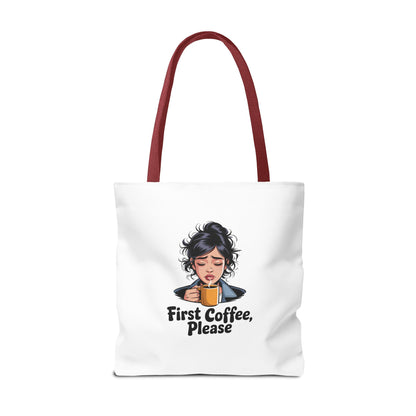 First Coffee Please Tote Bag — Cute Morning Coffee Lover Canvas Tote
