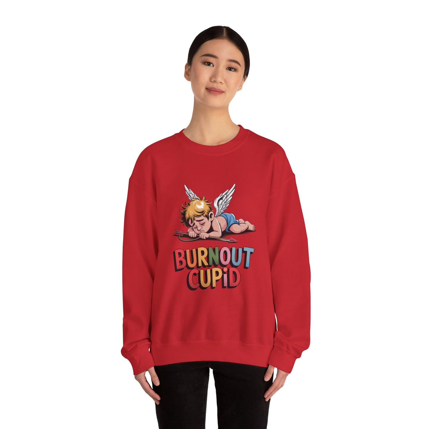 Burnout Cupid Sweatshirt — Tired Cupid Graphic Crewneck for Valentine’s Day