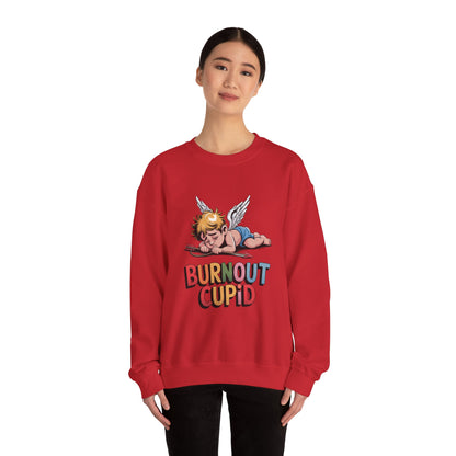 Burnout Cupid Sweatshirt — Tired Cupid Graphic Crewneck for Valentine’s Day