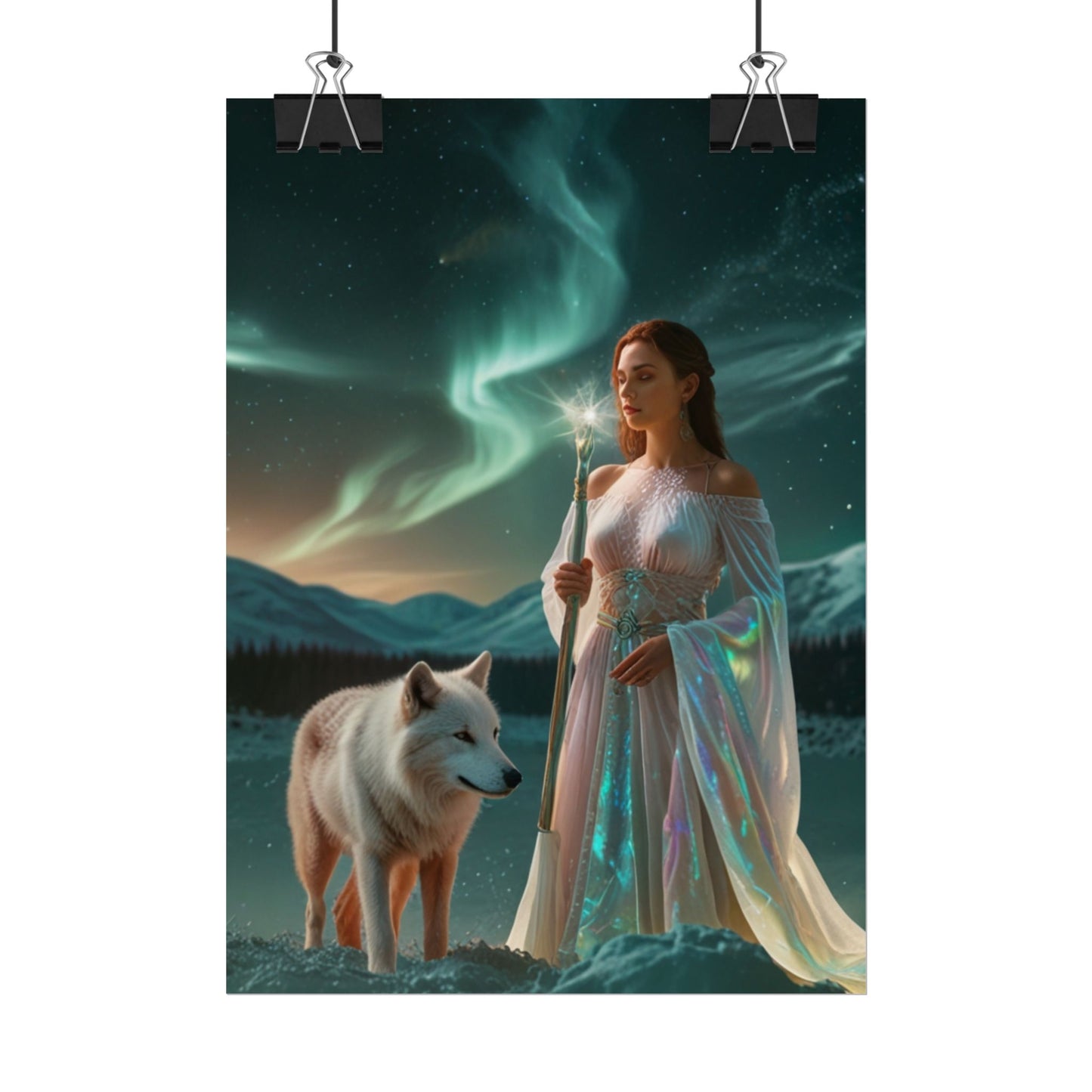 Aurora Guardian Poster – Fantasy-Frau mit weißem Wolf (Wandbild)