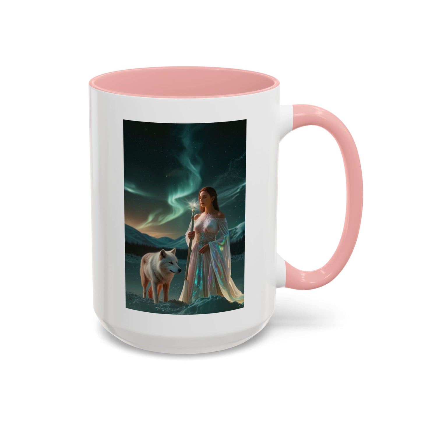 Taza de café Aurora Guardiana — Arte fantástico de mujer con lobo